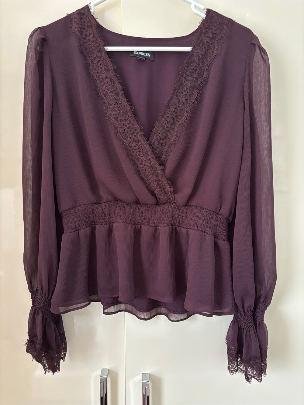 Express Plum Lace-Trim Peplum Wrap Blouse